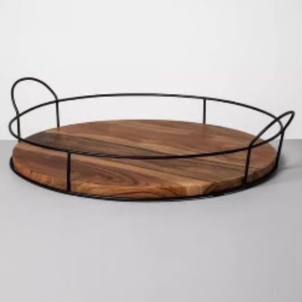Hearth and Hand Decorative round wooden serving tray with black metal frame NWT